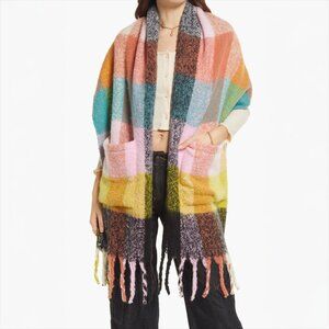 Plaid Blanket Scarf with Pockets In Rainbow Multi